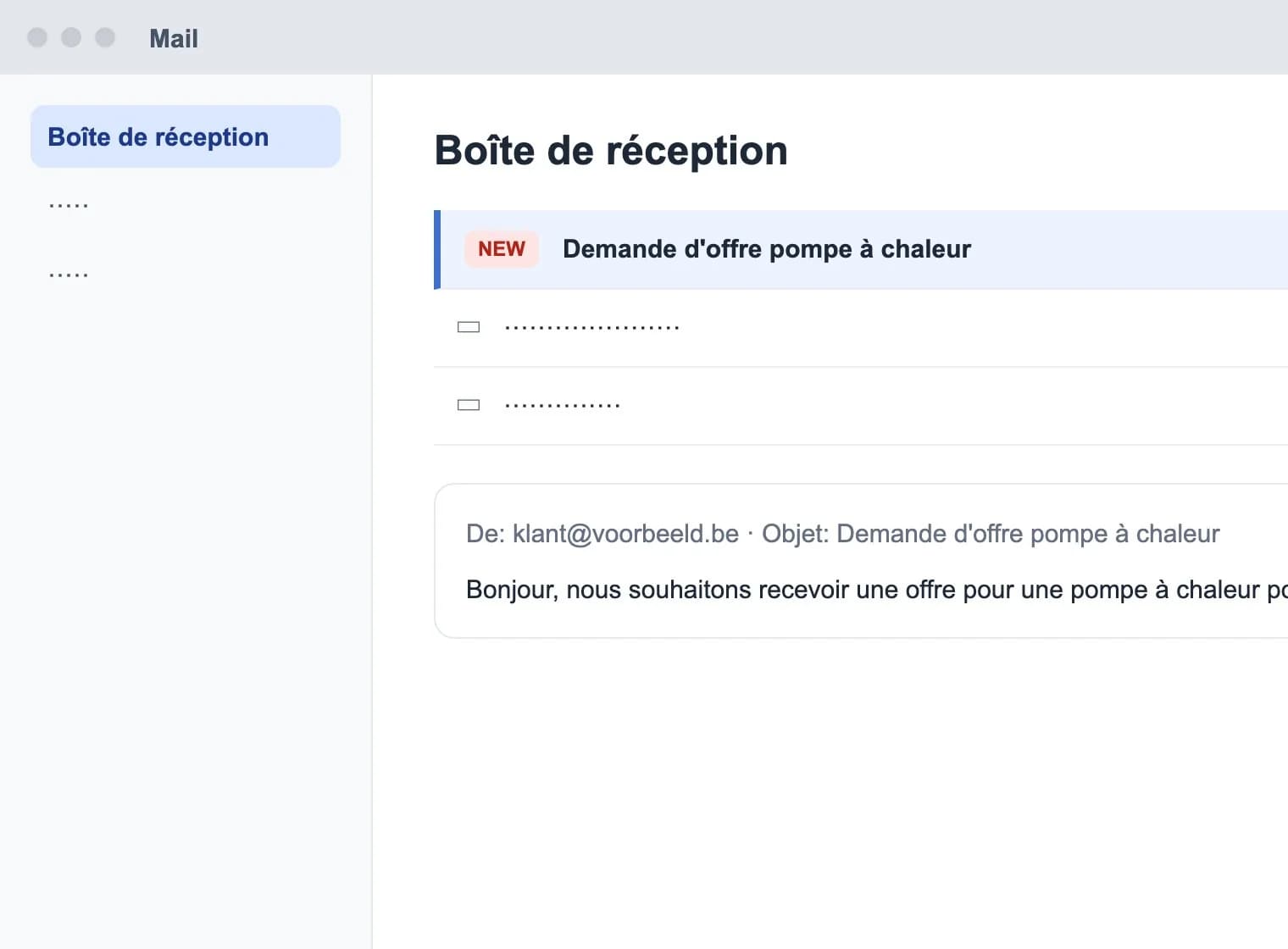 Enregistrement d'une boîte mail avec une demande d'offre
